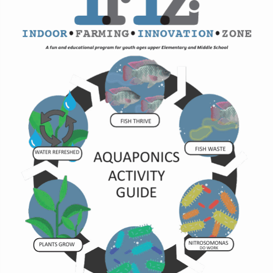 Cover of the Aquaponics Activity Guide featuring vibrant illustrations of fish, plants, and educational elements.