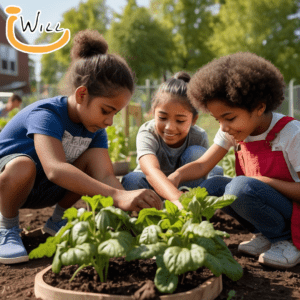 Children participating in sustainable farming activities.