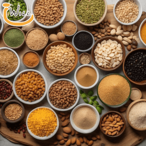 A variety of plant-based proteins including legumes, nuts, seeds, and grains displayed on a rustic table.