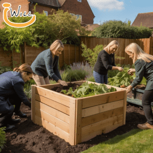 Cultivating Community: People tending to raised garden beds in a shared garden, fostering connection and collaboration.